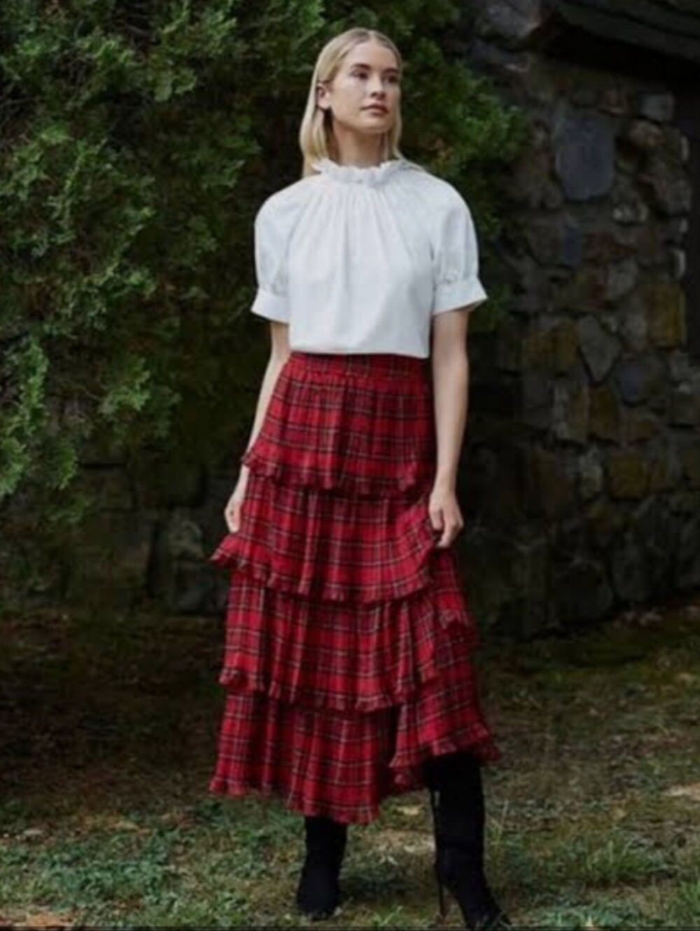 Antonio Melani Katrina Red Plaid Tiered Midi Skirt Size 4 Pleated Ruffle Skirt